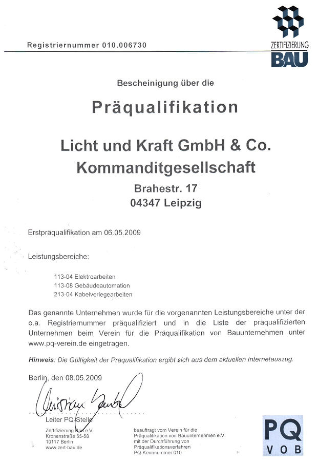 Bescheinigung über Präqualifikation